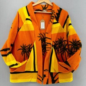 VTG Upcycled 80s Palm Tree Fleece Blanket Jacket Cardigan Vacation Retro SZ L